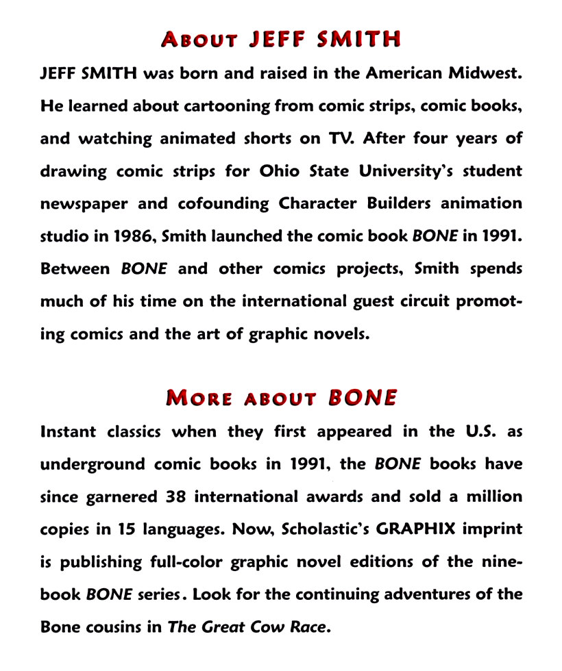 about page of bone 1 out from boneville graphic novel by jeff smith
