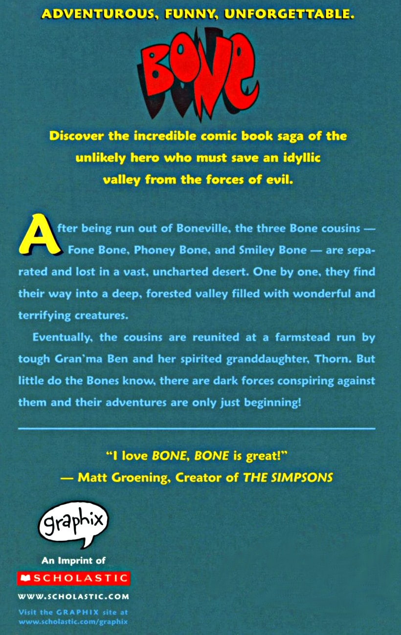 back cover of bone 1 out from boneville graphic novel by jeff smith