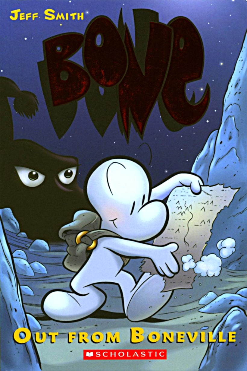 cover of bone 1 out from boneville graphic novel by jeff smith