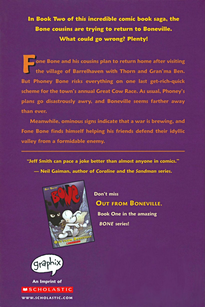 back-cover of bone 2 the great cow race graphic novel by jeff smith