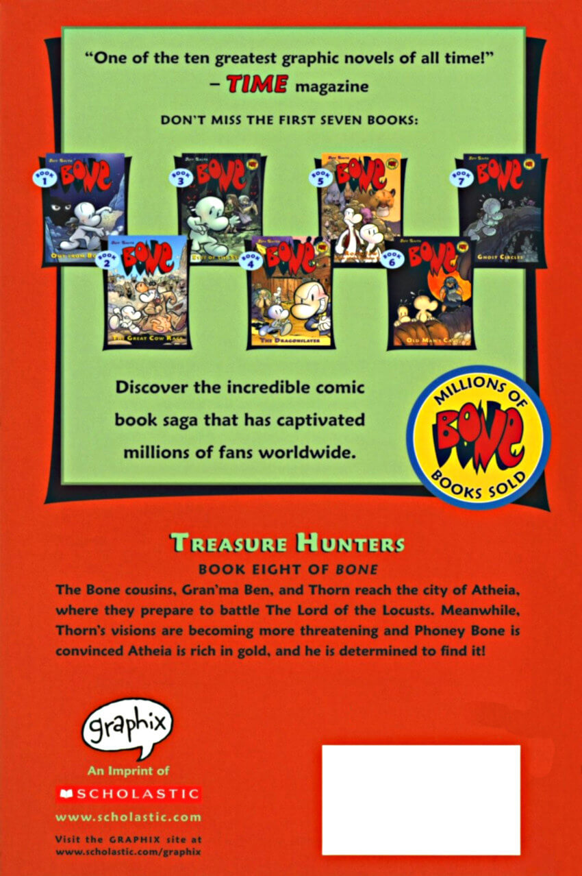 back-cover of bone 8 treasure hunters graphic novel