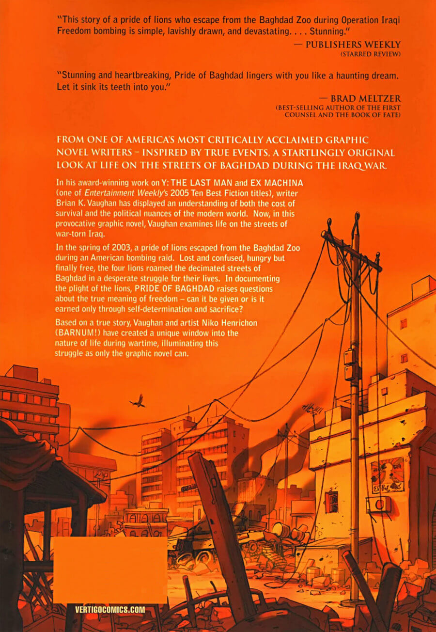 back cover of pride of baghdad graphic novel